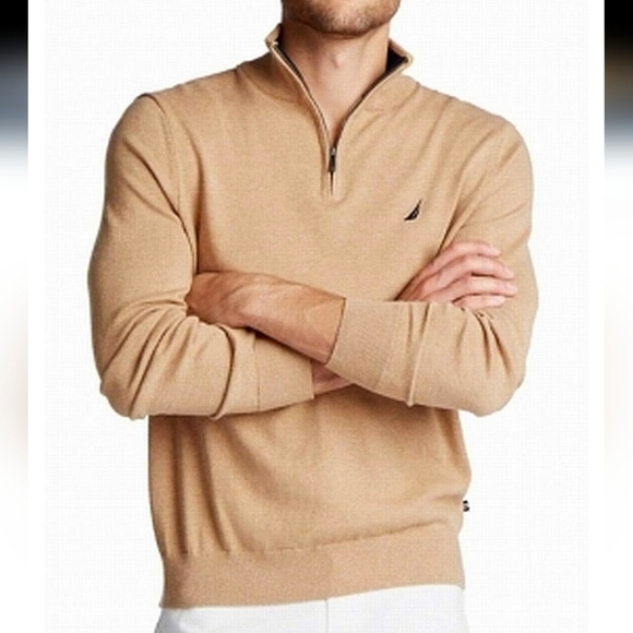 Nautica Men's Navtech Quarter-Zip Sweater Camel Beige Knit Pullover! Size L - Picture 1 of 4